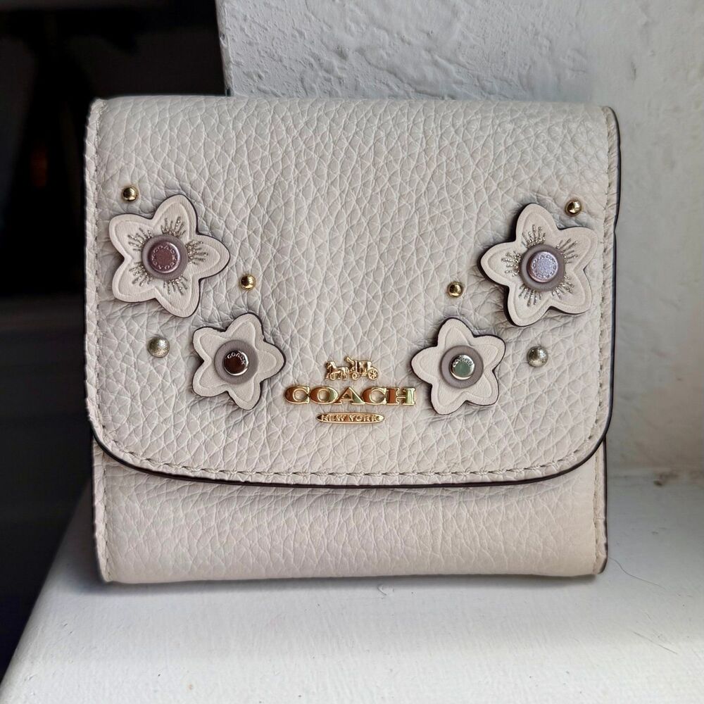 Coach Floral Appliqué Leather Tri-Fold Wallet in Off White